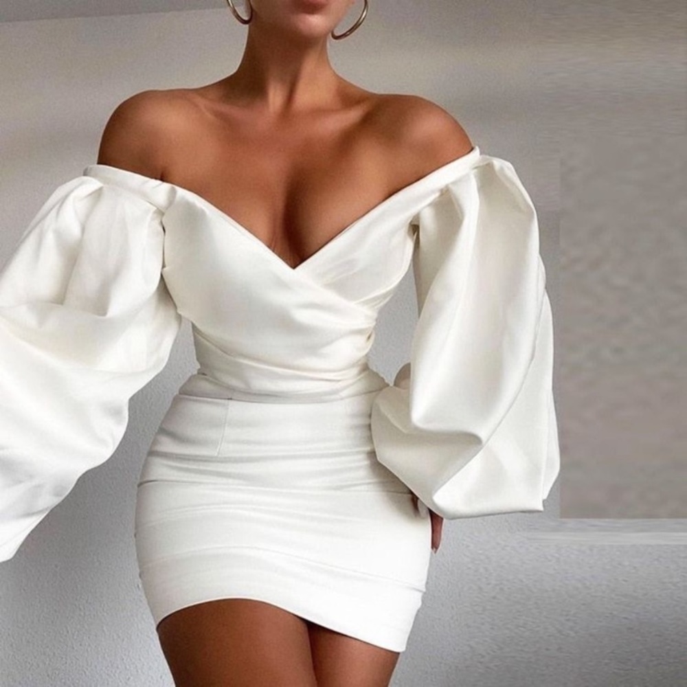 HOUSE OF CB 'Carlyn' Ivory Satin Balloon Sleeve Mini Dress/Size XS‎ NWOT - Picture 4 of 15